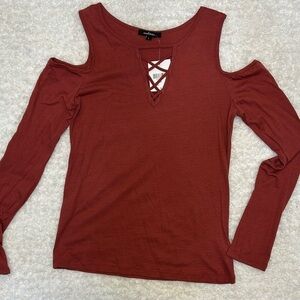 Ambiance Top long Sleeve Open Cold Shoulder Caged V Neckline